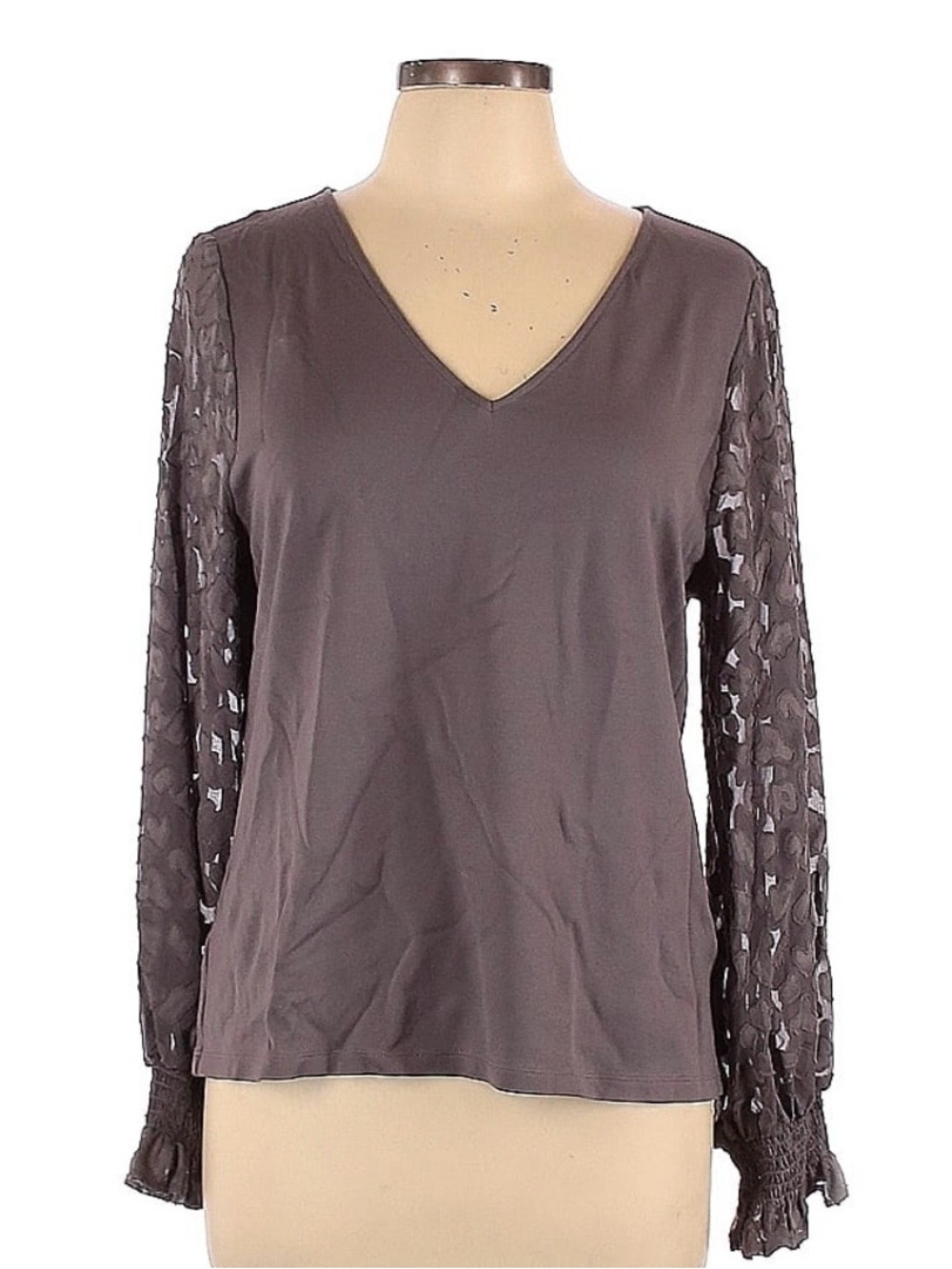 Ann Taylor Purple V-Neck Long Sleeve Top with Sheer Textured Sleeves